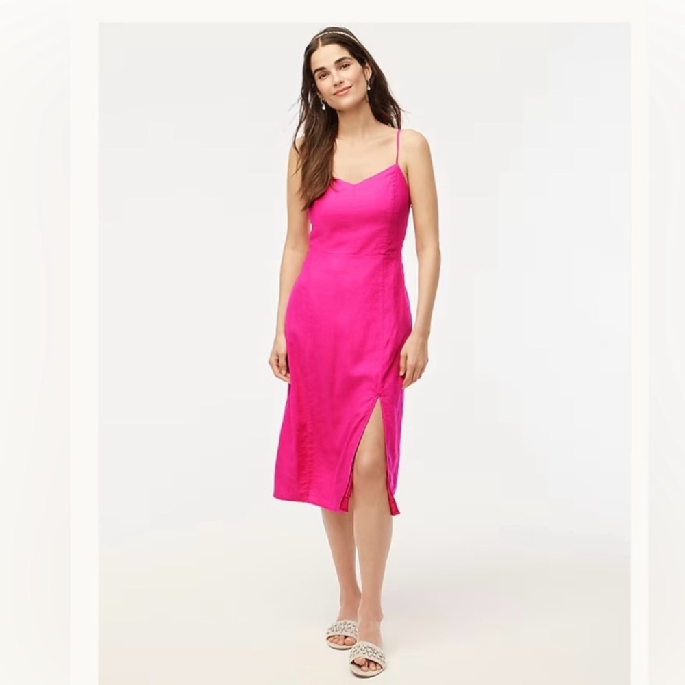 J. Crew Factory Linen Blend Vibrant Pink Midi Dress EUC Size 4